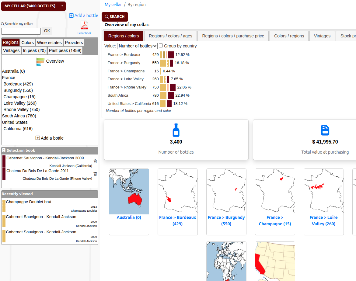 Your cellar in summary, access by region, color, estate or distillery, suppliers, vintages, at their peak, last files consulted, quick and efficient statistics This is a screenshot, please click to go to the next screen.