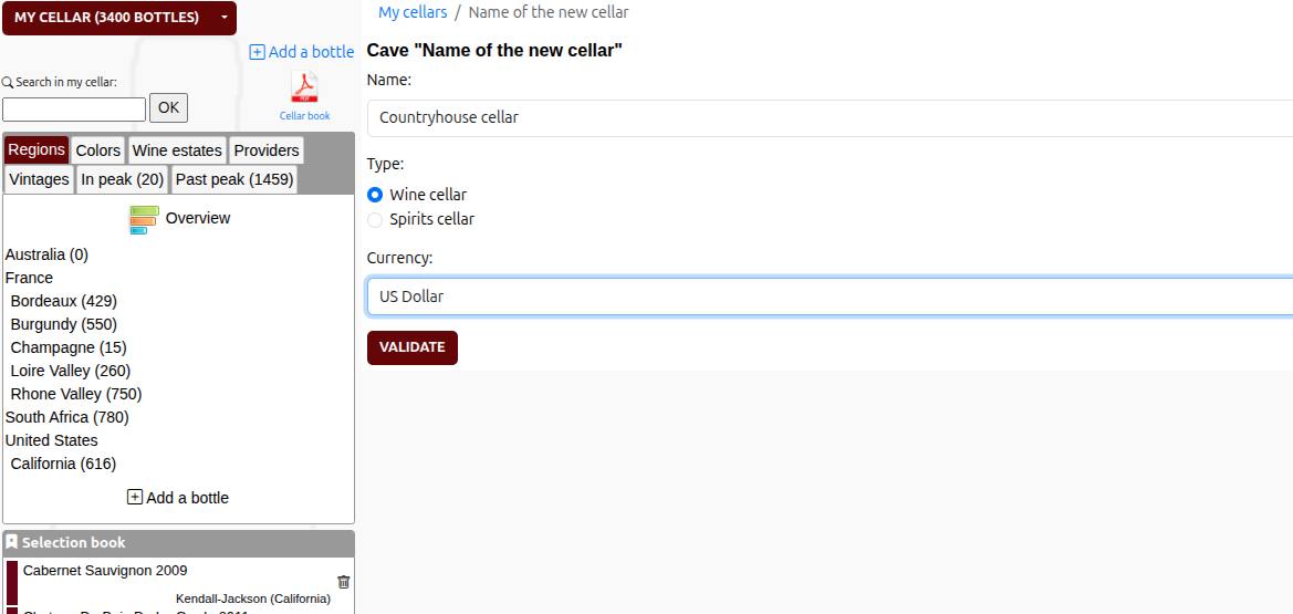 Management of multiple cellars This is a screenshot, please click to go to the next screen.