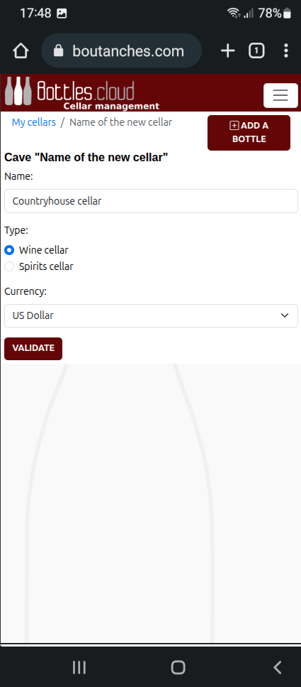 Management of multiple cellars This is a screenshot, please click to go to the next screen.