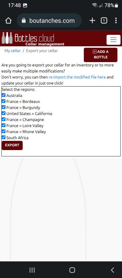 Export for restaurant or personal wine cellar inventory This is a screenshot, please click to go to the next screen.